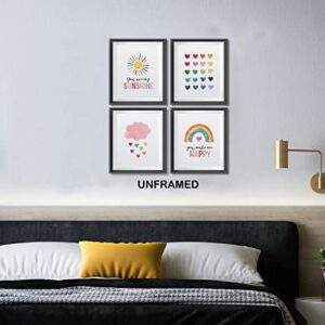 Inspirational Quote You Are My Sunshine Poster Prints for Home Girls Room Kids Room Nursery Classroom Decor,Boho Sun Rainbow Cloud Hearts Pattern Decorations Prints Wall Art Unframed 4pcs 8x10inches