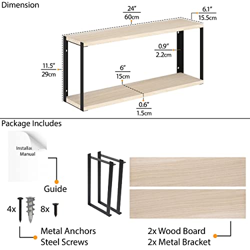 Wallniture Roca 24"x6" Floating Shelves for Wall Storage, Bookshelf Living Room Decor, 2 Tier Wall Shelves for Bedroom & Kitchen, Bathroom Shelf, Wood Natural Finish