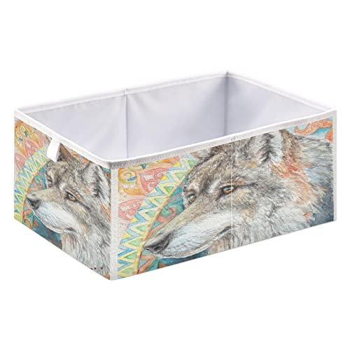 DOMIKING Wolf Mandala Branches Storage Bins for Gifts Foldable Cuboid Storage Basket with Sturdy Handle Large Baskets Organization for Closet Shelves Bedroom