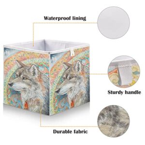 DOMIKING Wolf Mandala Branches Storage Bins for Gifts Foldable Cuboid Storage Basket with Sturdy Handle Large Baskets Organization for Closet Shelves Bedroom