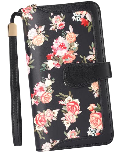 Marvolia Wristlet Wallets for Women - RFID Blocking Wallet Printed Clutch Wallet PU Leather Card Holder Ladies Wallet Zip Around Wallets - Blooming Flowers