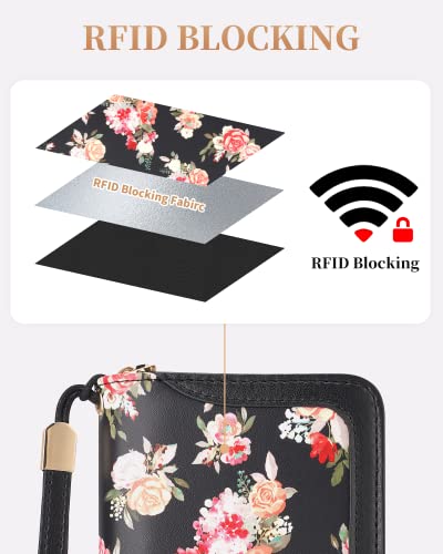 Marvolia Wristlet Wallets for Women - RFID Blocking Wallet Printed Clutch Wallet PU Leather Card Holder Ladies Wallet Zip Around Wallets - Blooming Flowers