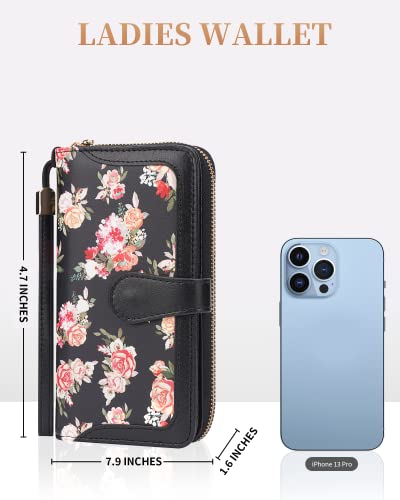 Marvolia Wristlet Wallets for Women - RFID Blocking Wallet Printed Clutch Wallet PU Leather Card Holder Ladies Wallet Zip Around Wallets - Blooming Flowers