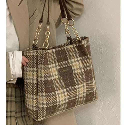 Fashion Shoulder Hobo Bags for Women Wool Tweed Tote Bags Plaid Pattern Bowknot Handbags and Purses Large Capacity (Tote)