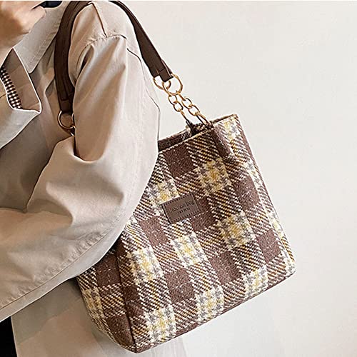 Fashion Shoulder Hobo Bags for Women Wool Tweed Tote Bags Plaid Pattern Bowknot Handbags and Purses Large Capacity (Tote)