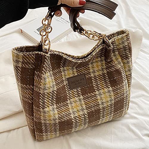 Fashion Shoulder Hobo Bags for Women Wool Tweed Tote Bags Plaid Pattern Bowknot Handbags and Purses Large Capacity (Tote)