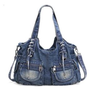 denim bag jean bag women hobo bag large capacity casual multiple pockets shoulder tote bag (blue)