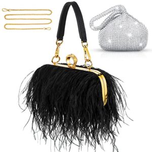 2 pcs feather purse clutch ostrich feather evening bag rhinestone purse clutch evening bags for wedding anniversary party (black, silver)