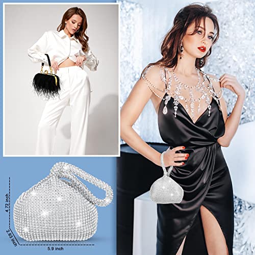 2 Pcs Feather Purse Clutch Ostrich Feather Evening Bag Rhinestone Purse Clutch Evening Bags for Wedding Anniversary Party (Black, Silver)