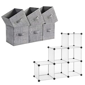 songmics storage cubes and cube storage organizer bundle, 6 non-woven fabric bins with double handles, 6 closet organizers and storage, geay and white urob26lg and ulpc06w