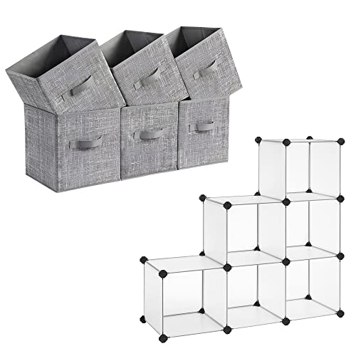 SONGMICS Storage Cubes and Cube Storage Organizer Bundle, 6 Non-Woven Fabric Bins with Double Handles, 6 Closet Organizers and Storage, Geay and White UROB26LG and ULPC06W