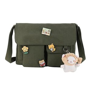 canvas crossbody bag with kawaii pins and pendent for women girls casual shoulder messenger bag students schoolbag
