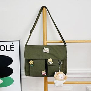 Canvas Crossbody Bag with Kawaii Pins and Pendent for Women Girls Casual Shoulder Messenger Bag Students Schoolbag