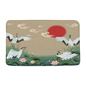 Welcome Funny Doormat Vintage Japanese Crane Red Sun Lotus Asian Traditional Japan Art Painting Washable Home Floor Mats Non Slip and Durable Doormats Rugs Decor 23.6x15.7 Inch