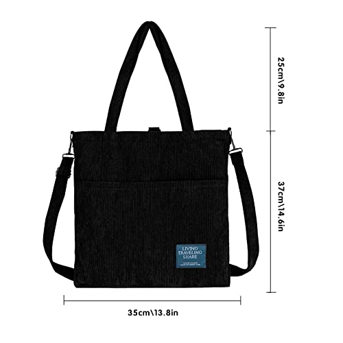 WULIQIUQIU Corduroy Crossbody Bag for Women Convertible Backpack Over The Shoulder Tote Purse Student Fashion Handbag Black