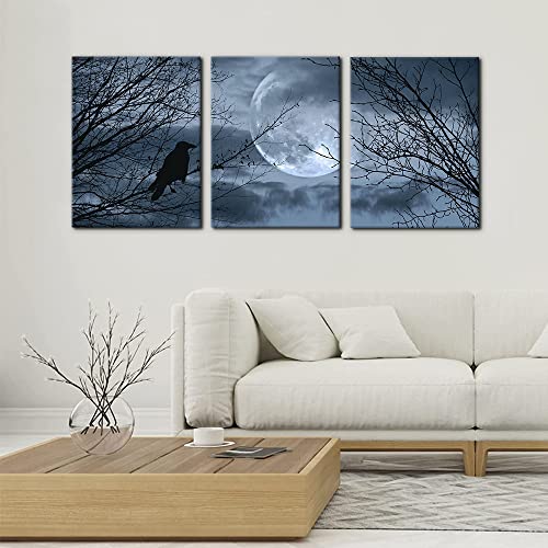 Pacimo 3 Pieces Canvas Art Wall Decor Full Moon Halloween Pictures Black and White Wall Art Painting Prints on Canvas Modern Artwork Stretched and Framed Ready to Hang - 12" x 16" x 3