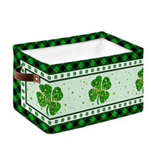 Storage Bins,Spring Four Clover Leaf Green Lattice Lucky Quote St. Patrick's Day Storage Basket with Handles,Waterproof Collapsible Storage Bin,Shamrock Storage Organizer for Shelves Closet