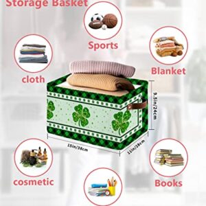 Storage Bins,Spring Four Clover Leaf Green Lattice Lucky Quote St. Patrick's Day Storage Basket with Handles,Waterproof Collapsible Storage Bin,Shamrock Storage Organizer for Shelves Closet