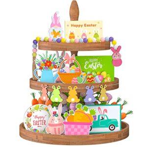 15pcs easter tiered tray decor, lucomb easter decorations happy easter wood signs truck full of eggs, farmhouse signs carrot egg bunny decor for easter day home farmhouse rustic spring decorations