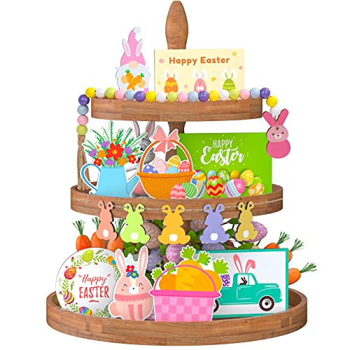 15Pcs Easter Tiered Tray Decor, Lucomb Easter Decorations Happy Easter Wood Signs Truck Full of Eggs, Farmhouse Signs Carrot Egg Bunny Decor for Easter Day Home Farmhouse Rustic Spring Decorations