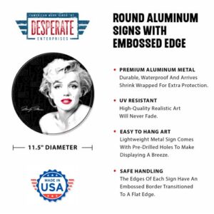 Desperate Enterprises Marilyn Monroe Round Aluminum Sign with Embossed Edge - Nostalgic Vintage Metal Wall Decor - Made in USA