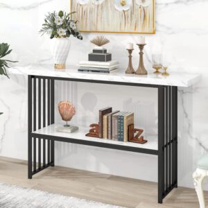 qiyom 63″ modern console table for entryway, faux marble entryway table with storage shelf and metal frame, extra long sofa table for behind couch, hallway, living room – black & white
