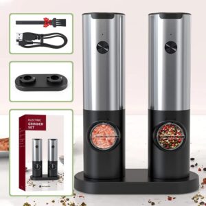 electric salt and pepper grinder set, rechargeable powerful long lasting automatic salt and pepper mill, refillable pepper mill, adjustable coarseness, one hand operation by inkna