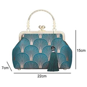 Anopo Evening Bag Tassel Satin Floral Sector Pattern Clutch Purse Crossbody Lady HandBag for Dress Wedding Party Prom Club