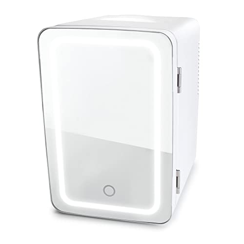 ROHKUS LED Lighted Mini Fridge with Mirror Door Refrigerator, White