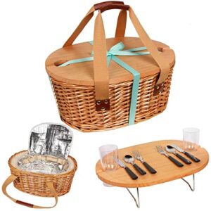 hap tim wicker picnic basket set for 2 with mini folding wine picnic table & large insulated cooler bag & cutlery service kits for 2 person, couples gifts, wedding gifts (y2209-2-cm)