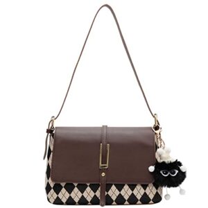 rtggsel retro pu leather flap shoulder handbags for women quilted lattice tote purse ladies designer satchel hobo bag with doll pendant (coffee)