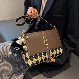 RTGGSEL Retro PU Leather Flap Shoulder Handbags for Women Quilted Lattice Tote Purse Ladies Designer Satchel Hobo Bag with Doll Pendant (Coffee)