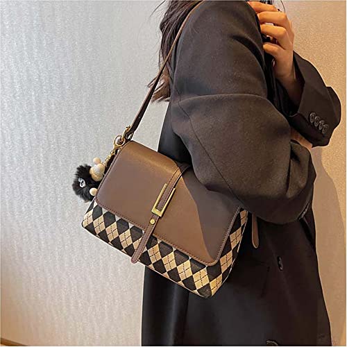 RTGGSEL Retro PU Leather Flap Shoulder Handbags for Women Quilted Lattice Tote Purse Ladies Designer Satchel Hobo Bag with Doll Pendant (Coffee)