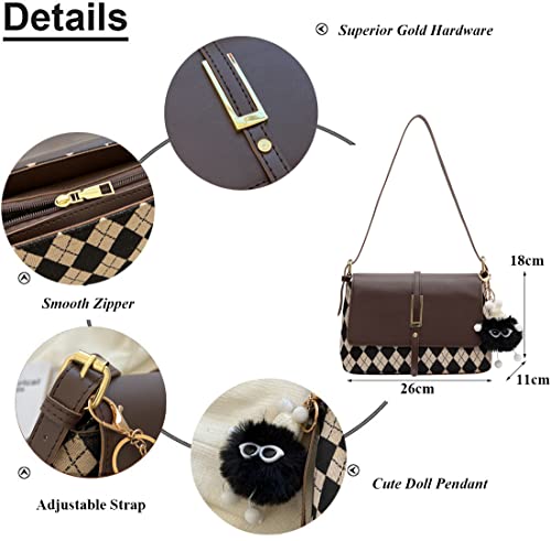 RTGGSEL Retro PU Leather Flap Shoulder Handbags for Women Quilted Lattice Tote Purse Ladies Designer Satchel Hobo Bag with Doll Pendant (Coffee)