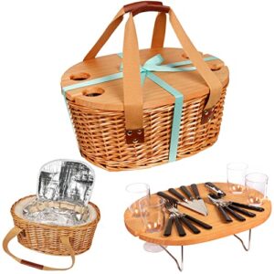 hap tim wicker picnic basket set for 4 with mini folding wine picnic table & large insulated cooler bag & cutlery service kits for 4 person, couples gifts, wedding gifts (y2209-4-cm)