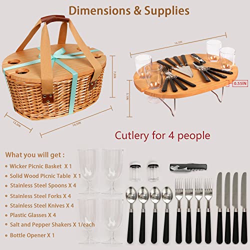 Hap Tim Wicker Picnic Basket Set for 4 with Mini Folding Wine Picnic Table & Large Insulated Cooler Bag & Cutlery Service Kits for 4 Person, Couples Gifts, Wedding Gifts (Y2209-4-CM)