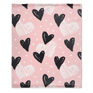 fukurokuju pink and black hearts flannel throw blanket soft cozy cute print plush blankets for sofa couch bed home decorations gift 80″x60″ large for adult