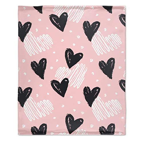 Fukurokuju Pink and Black Hearts Flannel Throw Blanket Soft Cozy Cute Print Plush Blankets for Sofa Couch Bed Home Decorations Gift 80"x60" Large for Adult