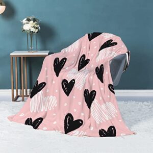 Fukurokuju Pink and Black Hearts Flannel Throw Blanket Soft Cozy Cute Print Plush Blankets for Sofa Couch Bed Home Decorations Gift 80"x60" Large for Adult