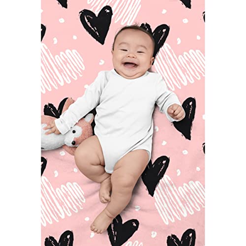 Fukurokuju Pink and Black Hearts Flannel Throw Blanket Soft Cozy Cute Print Plush Blankets for Sofa Couch Bed Home Decorations Gift 80"x60" Large for Adult