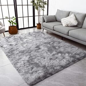 vocrite fluffy rug for bedroom, gray 4’x6′ furry shag area carpets, anti-slip plush shaggy fur throw rugs for kids girls nursery dorm living room classroom home decor,tie dyed light grey
