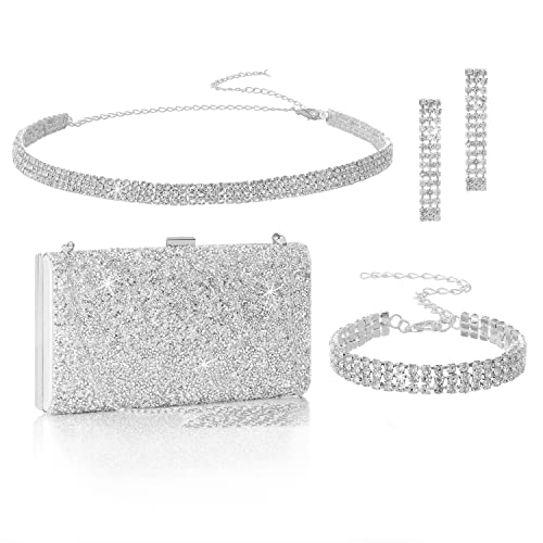 Coucoland Evening Rhinestone Clutch Jewelry - Wedding Bridal Bridesmaid Handbags Purses Silver Accessories for Women Statement Necklace Earrings Bracelets Set Formal Women's Sets