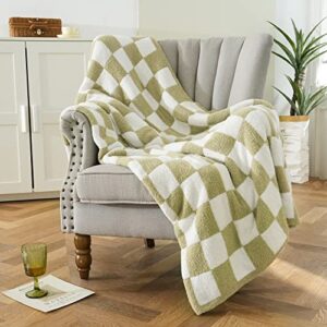 checkered throw blanket soft fuzzy lightweight warm preppy aesthetic decor for couch,chair,sofa,bed(sage green,51″x63″)