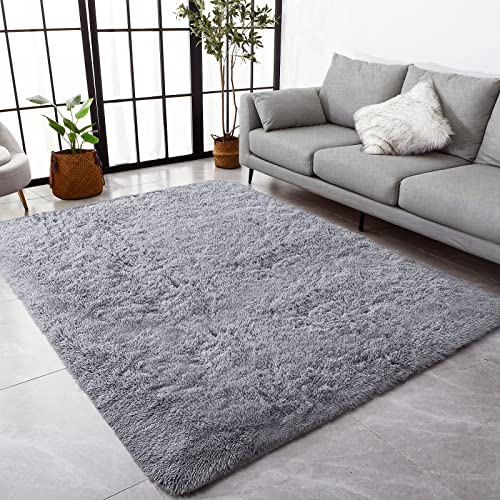 Vocrite Super Soft Fluffy Rug for Bedroom, 4'x6' Grey Shag Shaggy Area Rugs, Non-Slip Plush Furry Throw Carpet, Modern Cozy Rectangle Rug for Bedroom Classroom Nursery Dorm Living Room, Gray