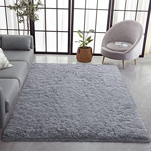 Vocrite Super Soft Fluffy Rug for Bedroom, 4'x6' Grey Shag Shaggy Area Rugs, Non-Slip Plush Furry Throw Carpet, Modern Cozy Rectangle Rug for Bedroom Classroom Nursery Dorm Living Room, Gray