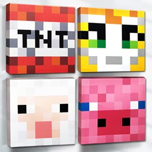zhiend 4-pack pixel video game canvas wall art, pixel face poster, tnt, pig face, sheep face, cat face, color block print artwork stretch frame,room decor, wall hanging for boys room (pixel, 12*12in)