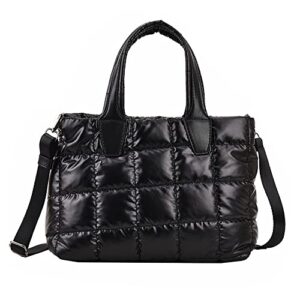 puffer tote purses puffy crossbody bags quilted handbags women cotton padded bag fashion winter lightweight work travel (black)