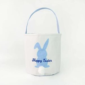 easter baskets with bunny tail for kids, applique stripe bunny easter bucket for child, embroidered easter hunt bag, blue stripe easter basket, girls boys easter gifts.