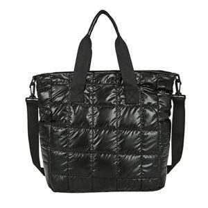 puffer tote purses puffy shoulder crossbody bags quilted bag women cotton padded handbags winter lightweight work travel (black)