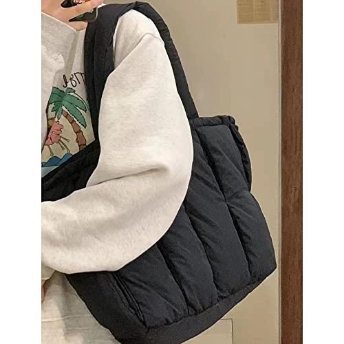 Puffy Bag Aesthetic Puffy Tote Bag Padded Tote Bag Women's Rectangle Quilted Plain Large Capacity Puffy Underarm Shoulder Bag (Black)